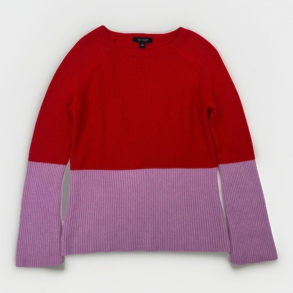 Ann Taylor 100% Cashmere Sweater Red Purple Colorblock Thick Plush *Kitten Soft*